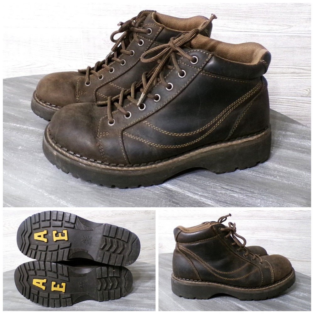 Y2K American Eagle Boots 11 Brown Leather Chunky Lug Sole Grunge Goth Skater vtg